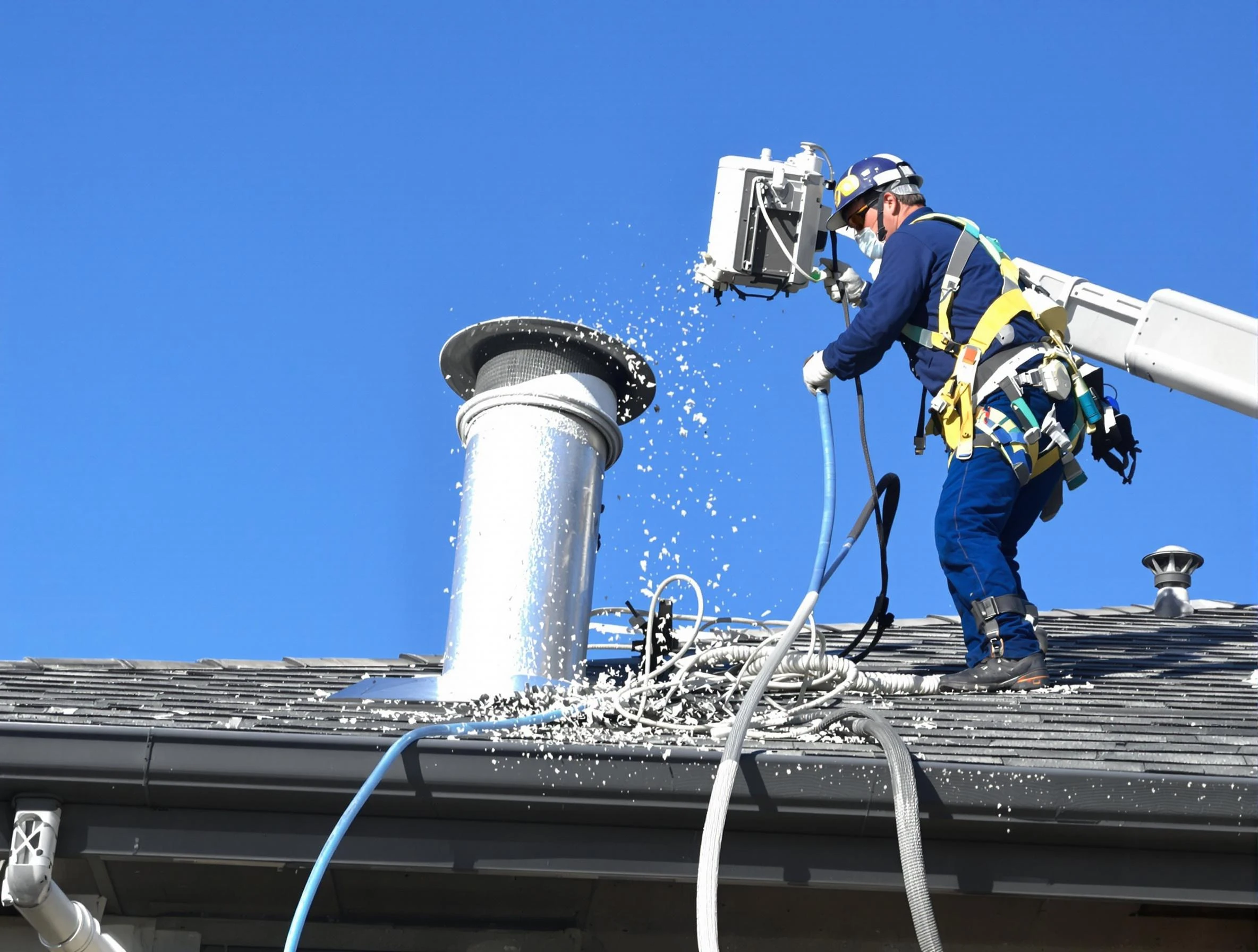 Richmond Dryer Vent Cleaning certified technician safely cleaning a roof-mounted dryer vent in Richmond
