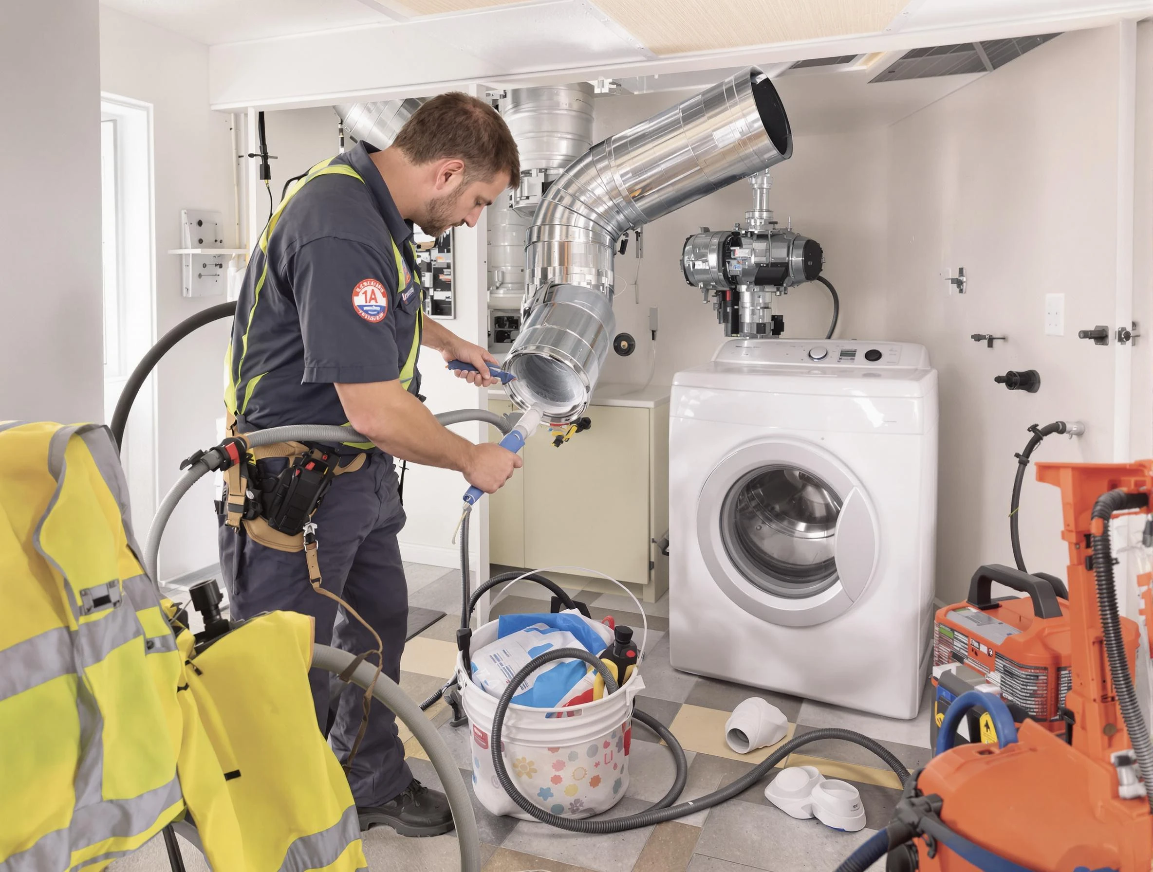 Richmond Dryer Vent Cleaning technician using specialized equipment to clear severe dryer vent blockage in Richmond